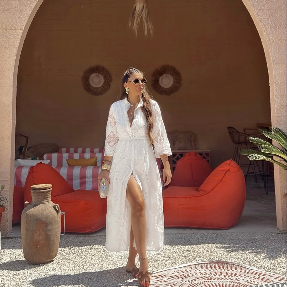 Sara white lace long sleeve maxi dress with waist belt boho summer vacation - Picture 4 of 16